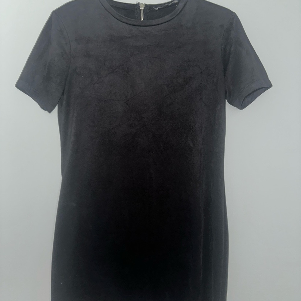 Zara Black Fitted Faux Suade Short Sleeve Dress